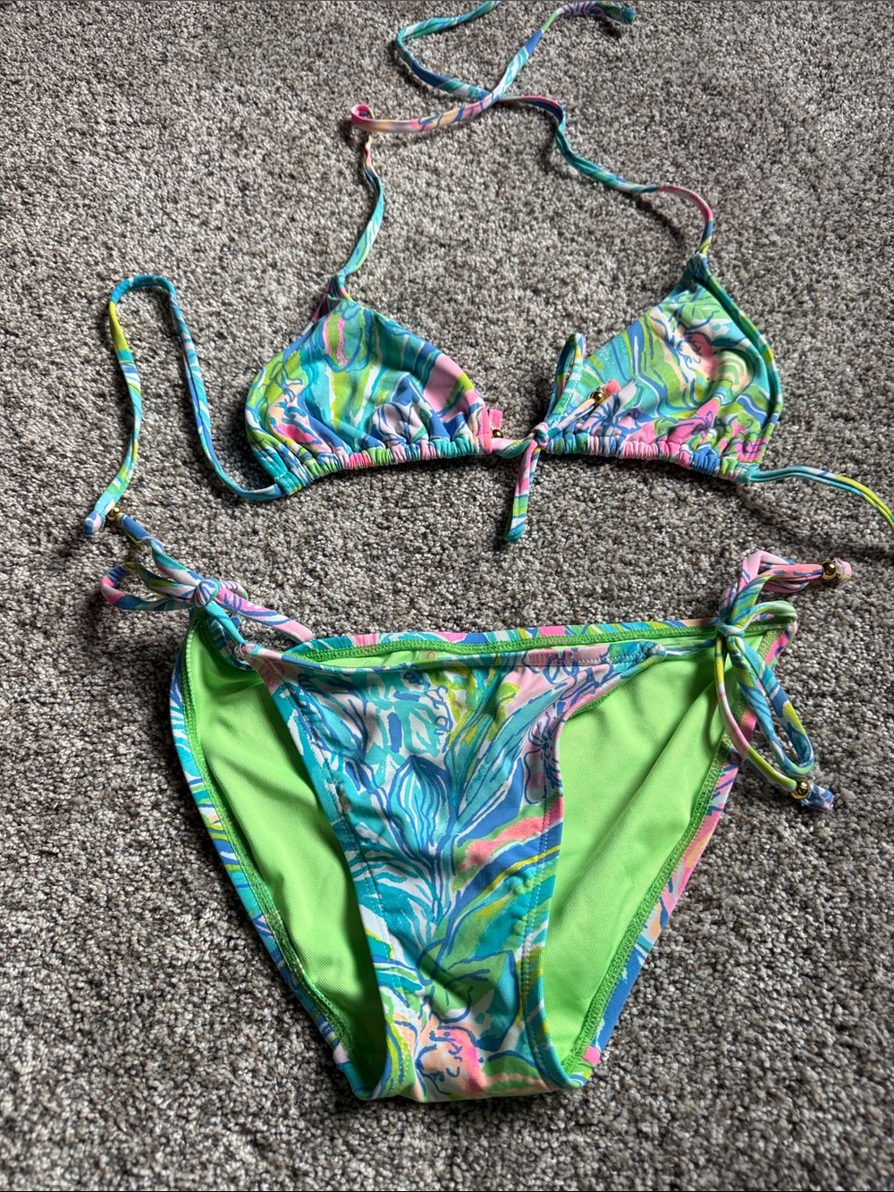 Lilly Pulitzer Green Multi-Color Marble Print Tie Bikini